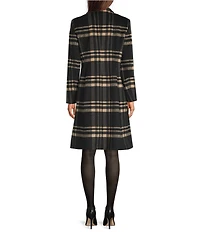 DKNY by Donna Karan Plaid Print Shawl Collar One Button Wool Blend Coat