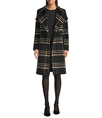 DKNY by Donna Karan Plaid Print Shawl Collar One Button Wool Blend Coat