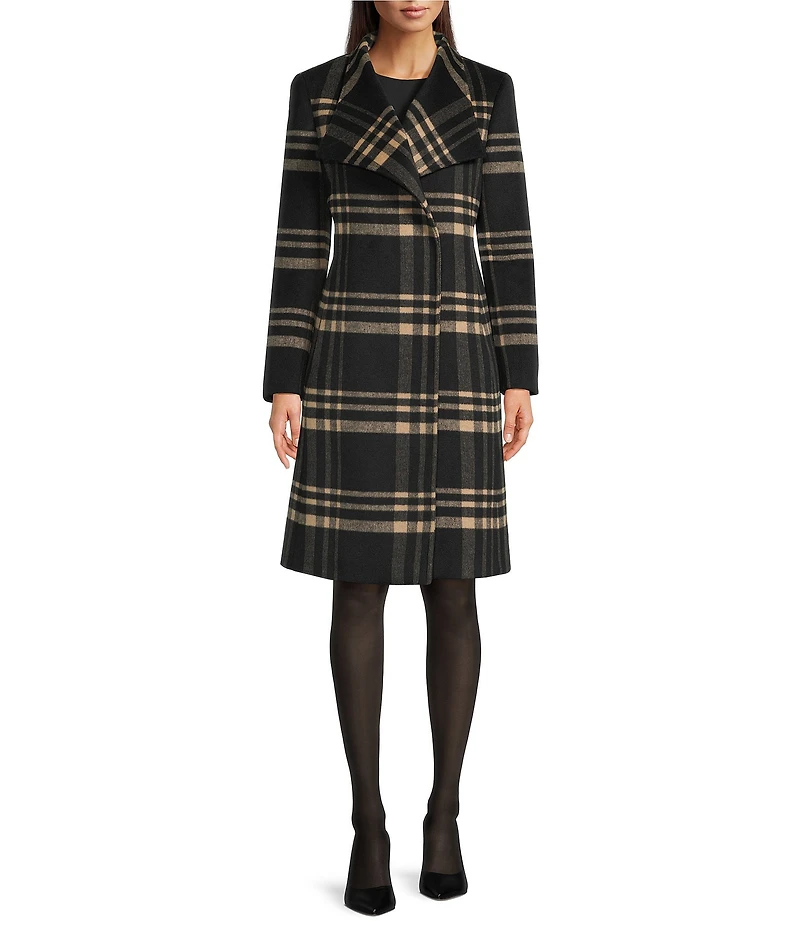 DKNY by Donna Karan Plaid Print Shawl Collar One Button Wool Blend Coat