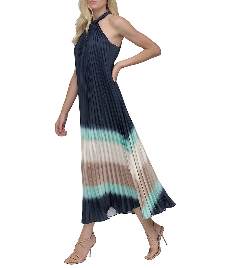 DKNY by Donna Karan Pleated Charmeuse Ombre Print Halter Neck Sleeveless Sheath Midi Dress