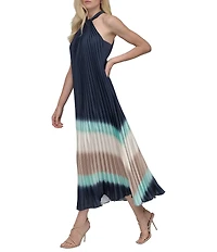 DKNY by Donna Karan Pleated Charmeuse Ombre Print Halter Neck Sleeveless Sheath Midi Dress