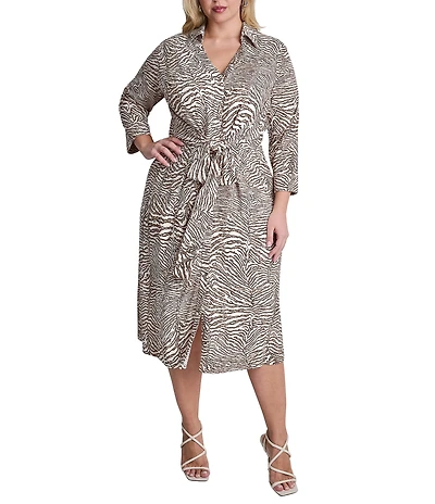 DKNY By Donna Karan Plus Size 3/4 Sleeve Collared Neck Animal Print Midi Shirt Dress