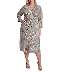 DKNY By Donna Karan Plus Size 3/4 Sleeve Collared Neck Animal Print Midi Shirt Dress