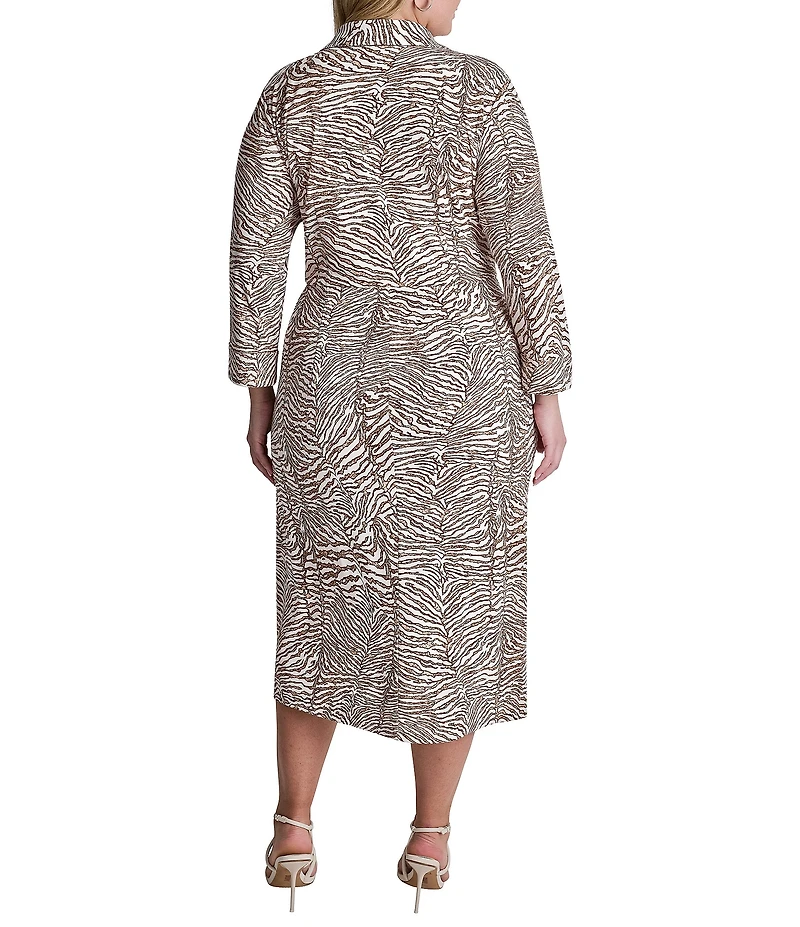DKNY By Donna Karan Plus Size 3/4 Sleeve Collared Neck Animal Print Midi Shirt Dress