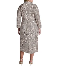 DKNY By Donna Karan Plus Size 3/4 Sleeve Collared Neck Animal Print Midi Shirt Dress