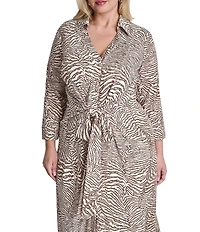 DKNY By Donna Karan Plus Size 3/4 Sleeve Collared Neck Animal Print Midi Shirt Dress