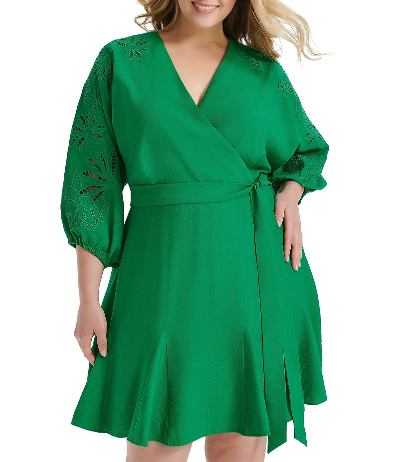 DKNY by Donna Karan Plus Size 3/4 Sleeve V-Neck Tie Waist Faux Wrap Dress