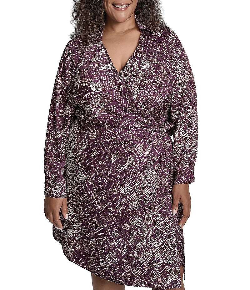DKNY by Donna Karan Plus Size Charmeuse Collared Long Sleeve Print Wrap Dress