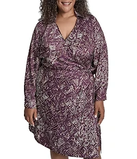 DKNY by Donna Karan Plus Size Charmeuse Collared Long Sleeve Print Wrap Dress