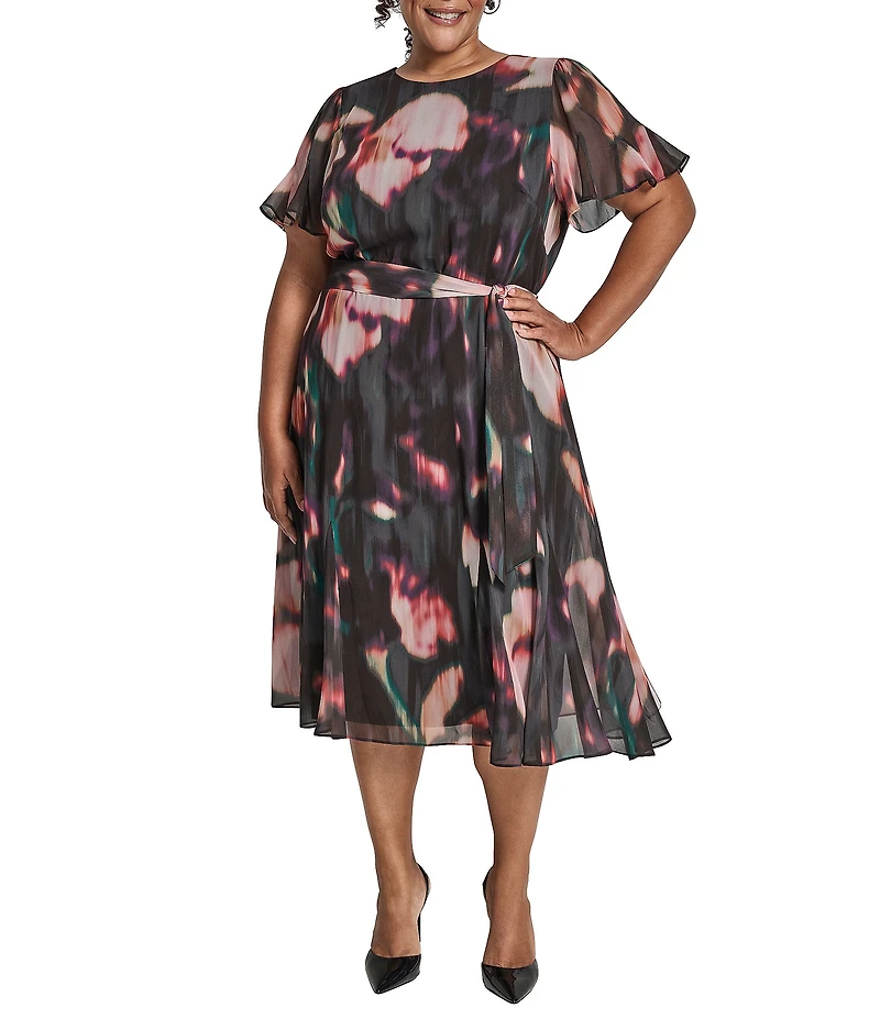 DKNY by Donna Karan Plus Size Chiffon Floral Print Short Sleeve Belted Fit and Flare Midi Dress