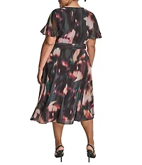 DKNY by Donna Karan Plus Size Chiffon Floral Print Short Sleeve Belted Fit and Flare Midi Dress