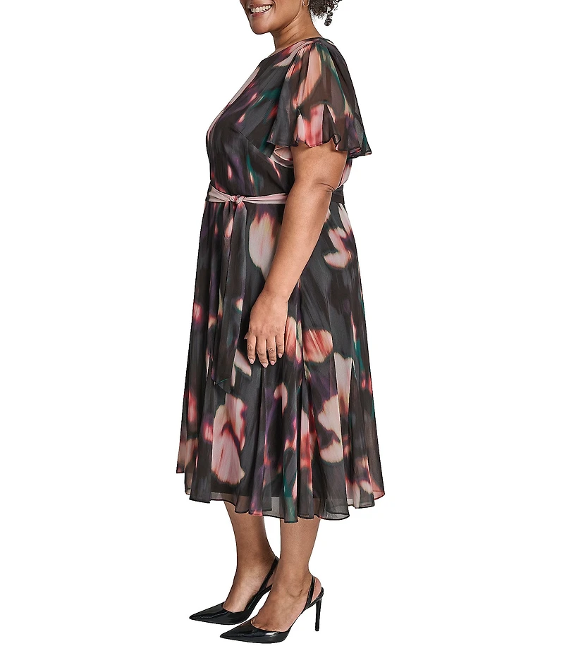 DKNY by Donna Karan Plus Size Chiffon Floral Print Short Sleeve Belted Fit and Flare Midi Dress