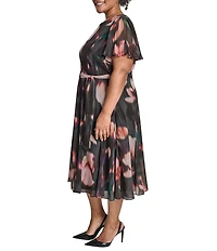 DKNY by Donna Karan Plus Size Chiffon Floral Print Short Sleeve Belted Fit and Flare Midi Dress
