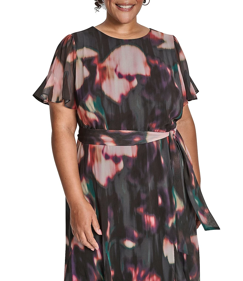 DKNY by Donna Karan Plus Size Chiffon Floral Print Short Sleeve Belted Fit and Flare Midi Dress