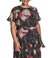 DKNY by Donna Karan Plus Size Chiffon Floral Print Short Sleeve Belted Fit and Flare Midi Dress
