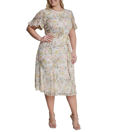 DKNY by Donna Karan Plus Size Chiffon Short Flutter Sleeve Midi Floral Dress
