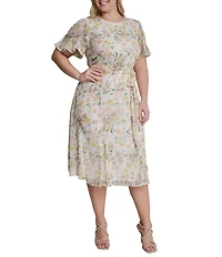 DKNY by Donna Karan Plus Size Chiffon Short Flutter Sleeve Midi Floral Dress