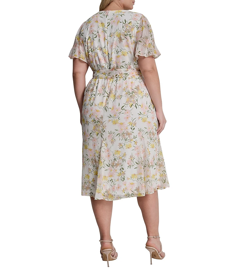 DKNY by Donna Karan Plus Size Chiffon Short Flutter Sleeve Midi Floral Dress