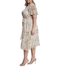 DKNY by Donna Karan Plus Size Chiffon Short Flutter Sleeve Midi Floral Dress