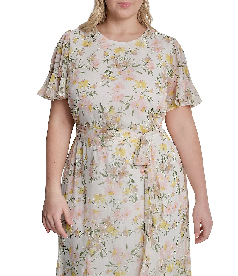 DKNY by Donna Karan Plus Size Chiffon Short Flutter Sleeve Midi Floral Dress