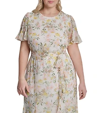 DKNY by Donna Karan Plus Size Chiffon Short Flutter Sleeve Midi Floral Dress
