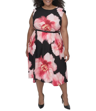 DKNY by Donna Karan Plus Size Crew Neck Cap Sleeve Belted Fit and Flare Dress