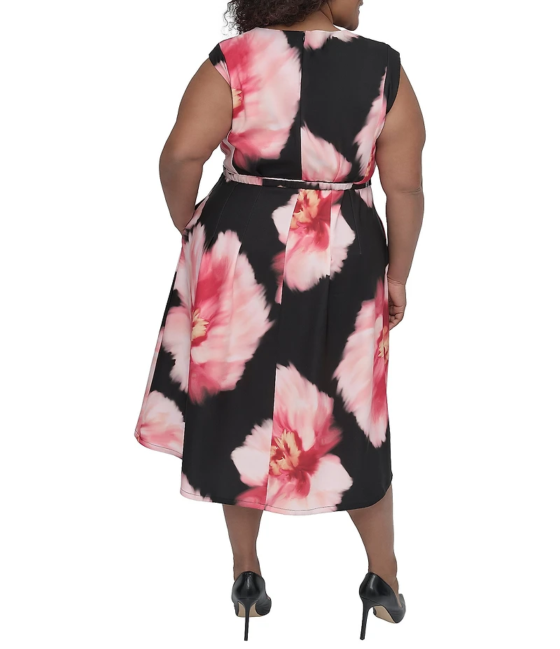 DKNY by Donna Karan Plus Size Crew Neck Cap Sleeve Belted Fit and Flare Dress