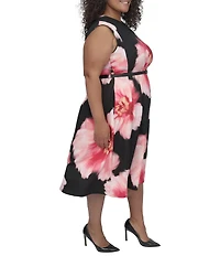 DKNY by Donna Karan Plus Size Crew Neck Cap Sleeve Belted Fit and Flare Dress