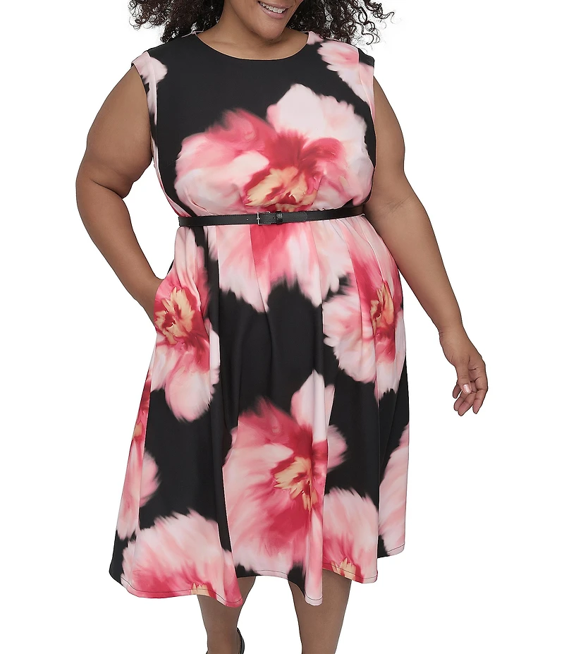 DKNY by Donna Karan Plus Size Crew Neck Cap Sleeve Belted Fit and Flare Dress