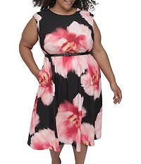 DKNY by Donna Karan Plus Size Crew Neck Cap Sleeve Belted Fit and Flare Dress