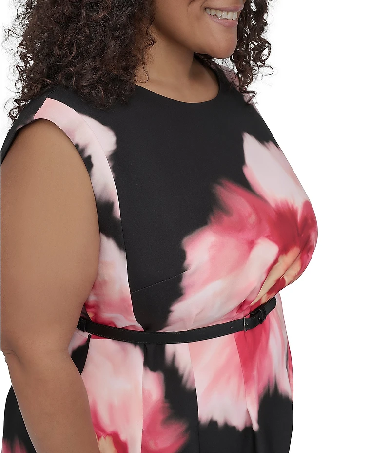 DKNY by Donna Karan Plus Size Crew Neck Cap Sleeve Belted Fit and Flare Dress