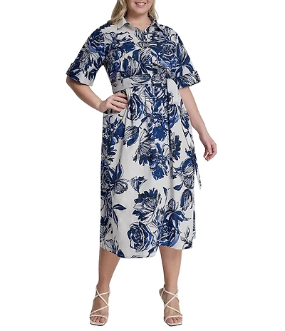 DKNY by Donna Karan Plus Size Elbow Sleeve Button Front Belted Shirt Midi Dress