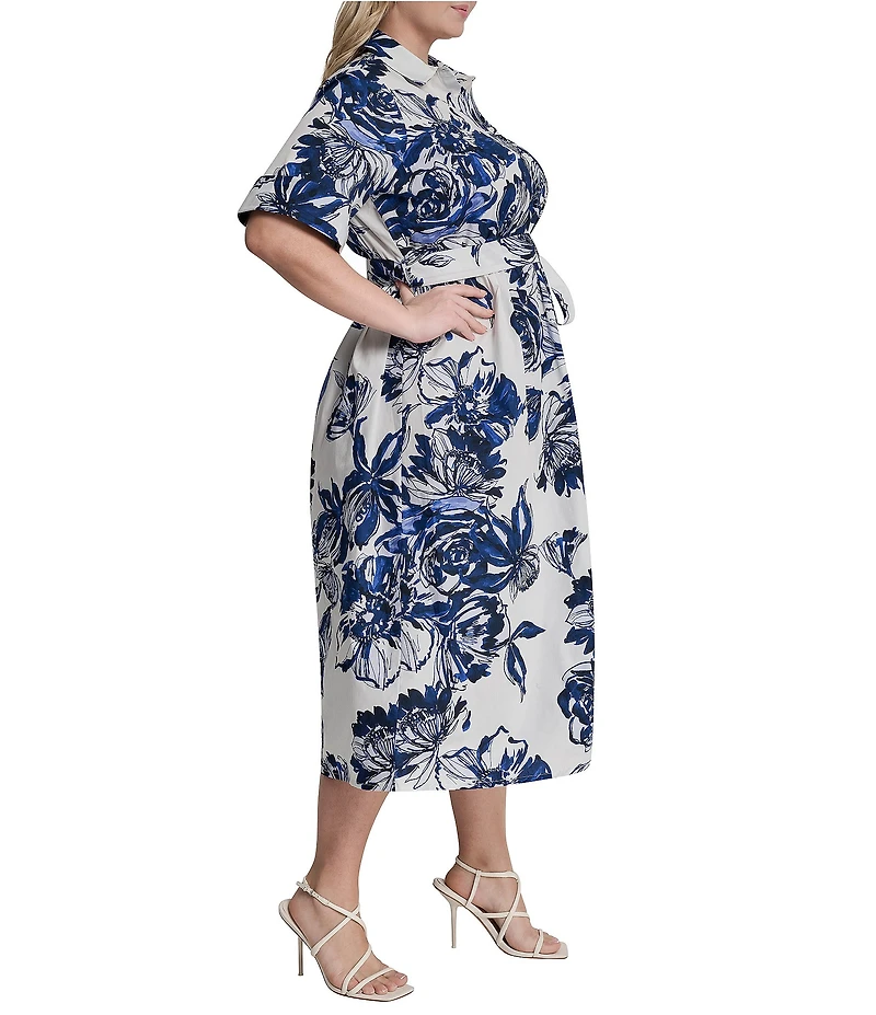 DKNY by Donna Karan Plus Size Elbow Sleeve Button Front Belted Shirt Midi Dress