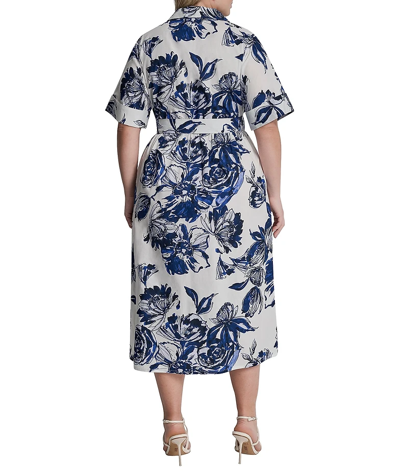 DKNY by Donna Karan Plus Size Elbow Sleeve Button Front Belted Shirt Midi Dress