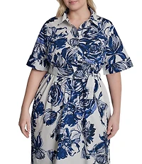 DKNY by Donna Karan Plus Size Elbow Sleeve Button Front Belted Shirt Midi Dress