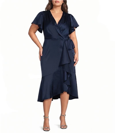 DKNY By Donna Karan Plus Size Faux Wrap Flutter Sleeve Flounce Hem Midi Dress