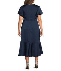 DKNY By Donna Karan Plus Size Faux Wrap Flutter Sleeve Flounce Hem Midi Dress