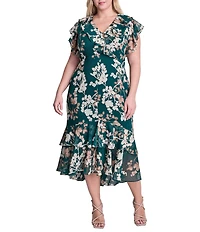DKNY By Donna Karan Plus Size Floral Chiffon Cap Sleeve Tiered Ruffle Skirt Long Dress