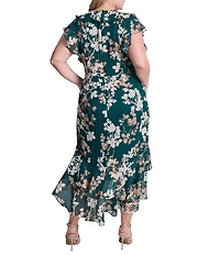DKNY By Donna Karan Plus Size Floral Chiffon Cap Sleeve Tiered Ruffle Skirt Long Dress