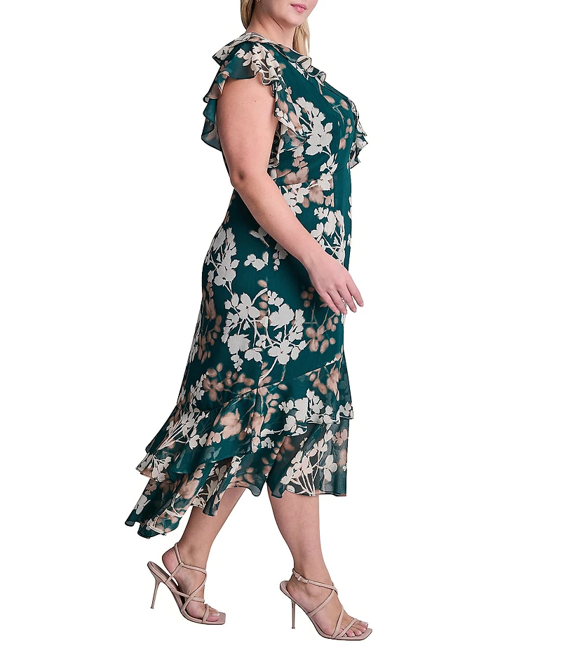 DKNY By Donna Karan Plus Size Floral Chiffon Cap Sleeve Tiered Ruffle Skirt Long Dress