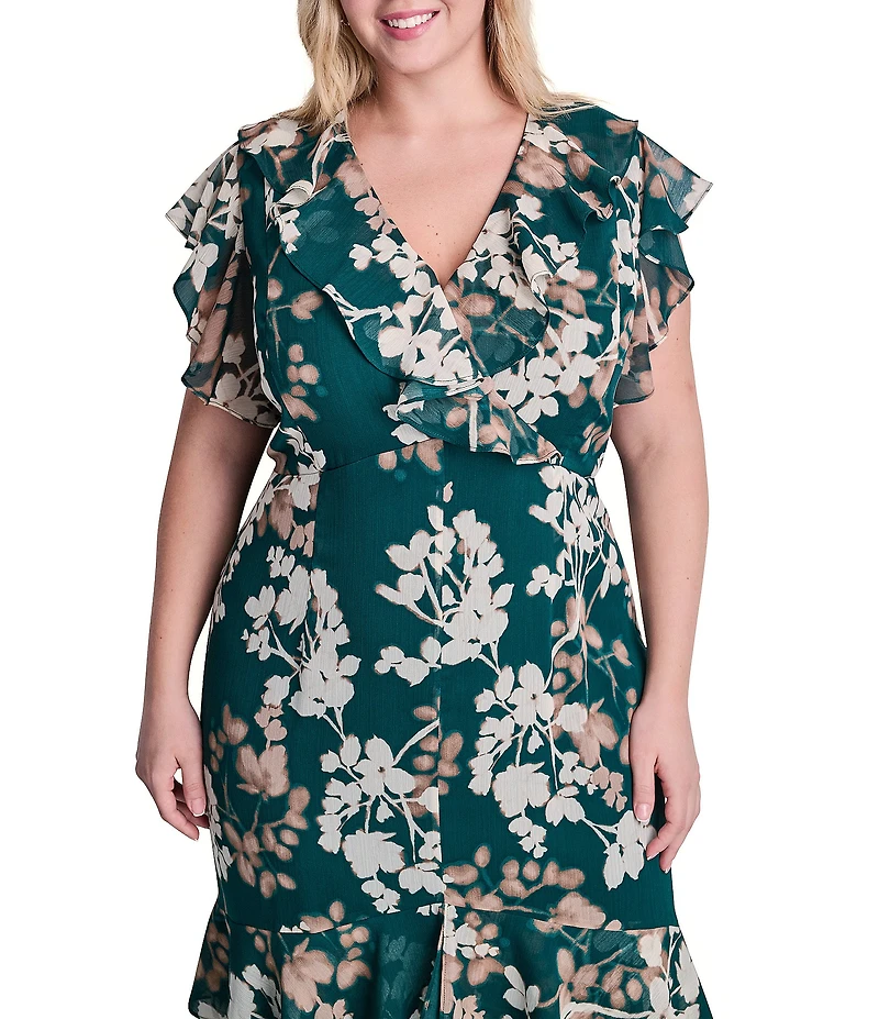 DKNY By Donna Karan Plus Size Floral Chiffon Cap Sleeve Tiered Ruffle Skirt Long Dress