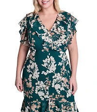 DKNY By Donna Karan Plus Size Floral Chiffon Cap Sleeve Tiered Ruffle Skirt Long Dress