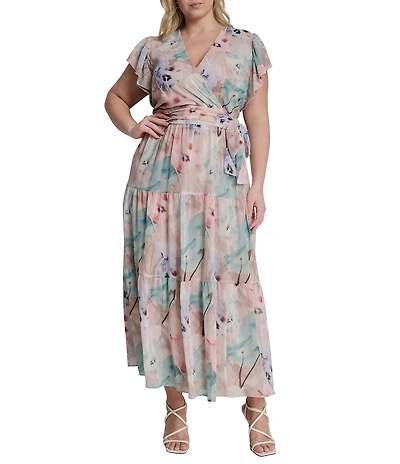 DKNY By Donna Karan Plus Size Floral Print Cap Sleeve Chiffon Long Dress