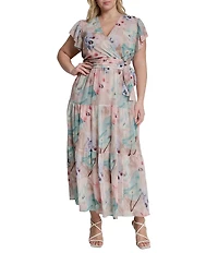 DKNY By Donna Karan Plus Size Floral Print Cap Sleeve Chiffon Long Dress