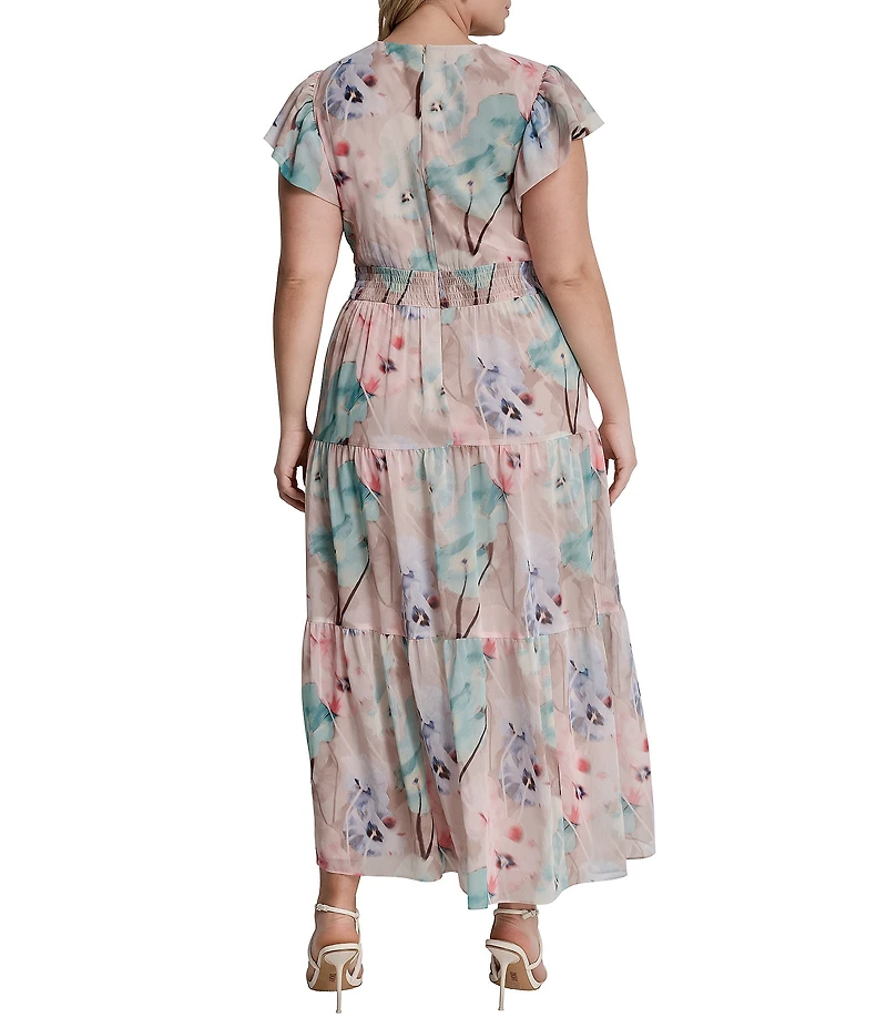 DKNY By Donna Karan Plus Size Floral Print Cap Sleeve Chiffon Long Dress