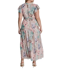 DKNY By Donna Karan Plus Size Floral Print Cap Sleeve Chiffon Long Dress