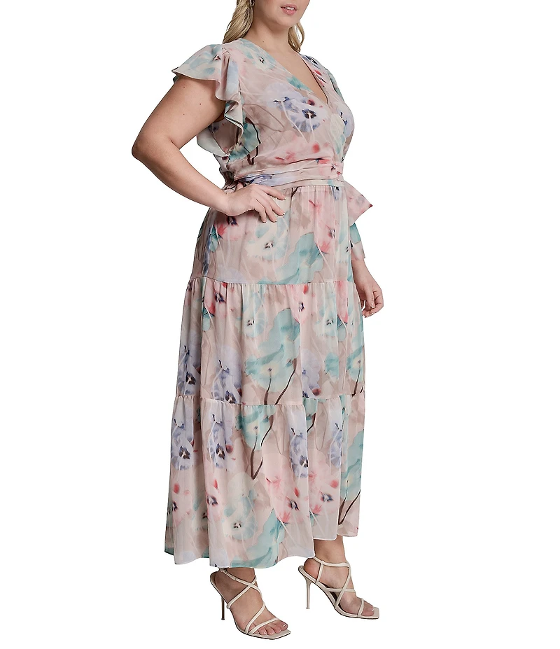 DKNY By Donna Karan Plus Size Floral Print Cap Sleeve Chiffon Long Dress