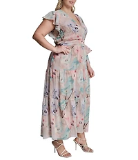 DKNY By Donna Karan Plus Size Floral Print Cap Sleeve Chiffon Long Dress