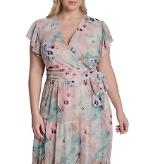 DKNY By Donna Karan Plus Size Floral Print Cap Sleeve Chiffon Long Dress