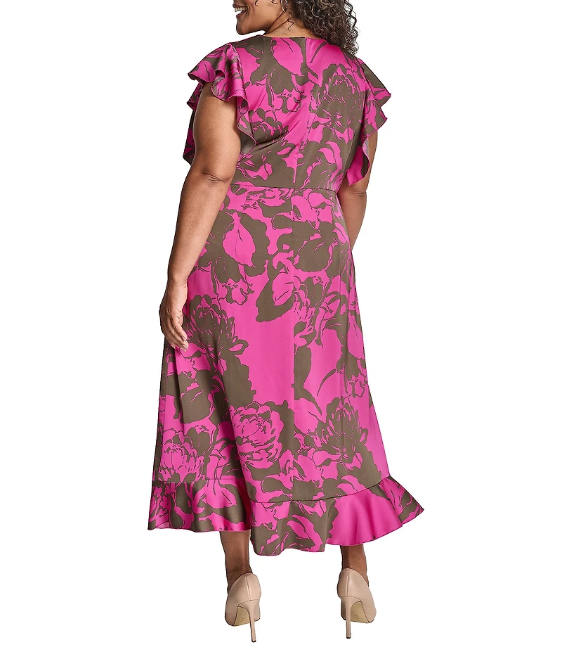 DKNY by Donna Karan Plus Size Floral Print Charmeuse Ruffle Cap Sleeve Asymmetrical Flutter Hem Faux Wrap Dress